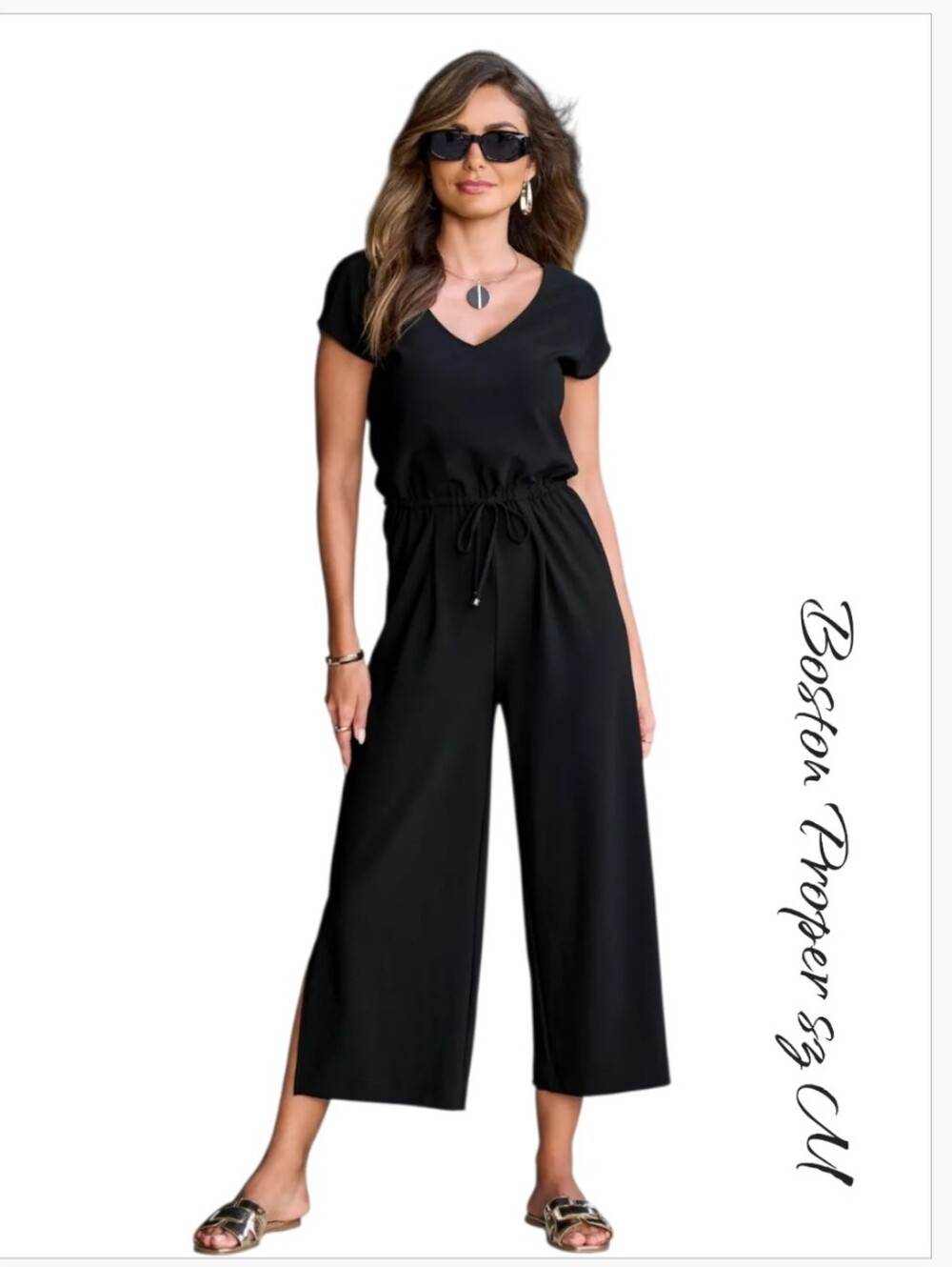 Boston Proper Beyond Travel Crop Jumpsuit Black M